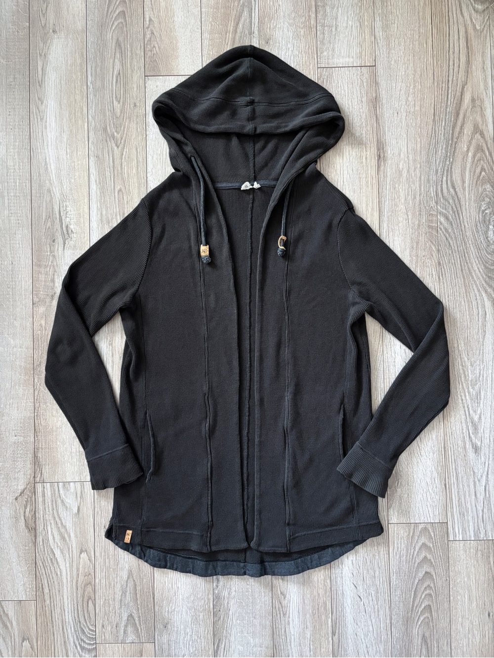 Tentree Organic Cotton Black Open Front Hooded Waffle Cardigan Size L Lagenlook